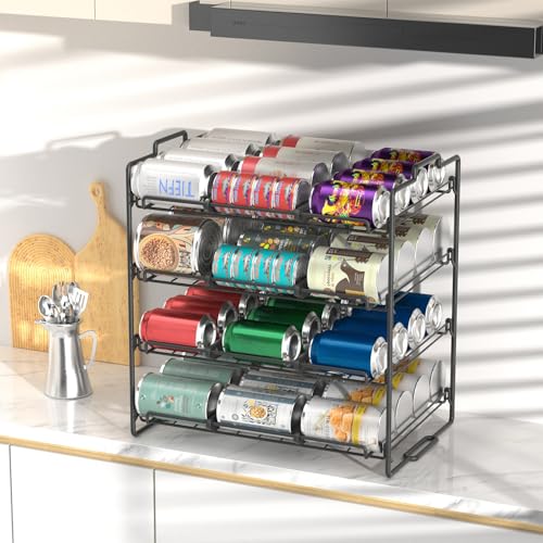 4 Tiers Stackable Can Rack Organizer, Wear-resistant Upgrade Beverage Food Can Dispenser Holder Holds up to 48 Cans for Kitchen Cabinet and Pantry (Black) - color: Black