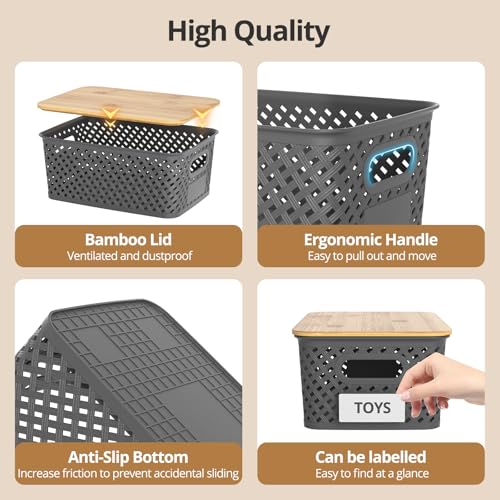 Plastic Storage Bins with Bamboo Lids, Stackable Small Box Baskets for Organizing and Containers for Shelves Drawers Desktop Closet Pantry Classroom Office Home, 6 Pack 10.2x7.2x4.1 Inch, Gray - color: Gray