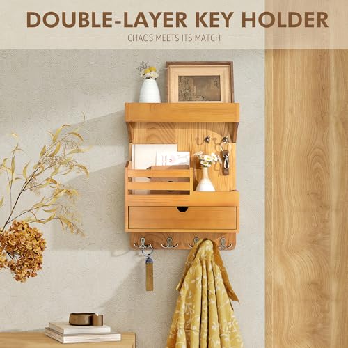 Modern Farmhouse Key Holder Wall Mount with Drawer Organizer – Pine Wooden Mail and Key Organizer with 6 Durable Hooks & Floating Wall Shelf – Ideal for Brightening Up Your Home Decor (Light Brown) - color: Light Brown, style: Large Drawer
