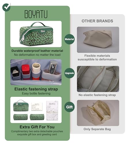 Travel Makeup Bags Organizer for Women: 3 Pcs Set Cosmetic Bag - Large Make up Bag with Compartments - Flat Open Waterproof Leather Toiletry Bags for Skincare, Brushes & Travel Essentials - Green - color: 09-Green