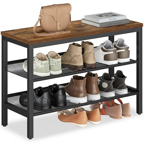 VASAGLE 3 Tier Shoe Rack Bench, One Piece Shelves, Shoe Storage Organizer with Raised Edges, Industrial Style, Easy Assembly, 11 x 29.5 x 19.7 Inches, Rustic Brown and Matte Black ULSB070KD01S - color: Rustic Brown + Matte Black, size: 29.5"W