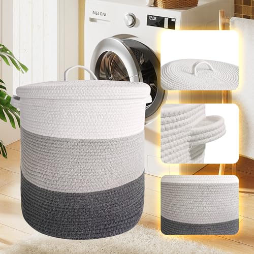 Large Storage Basket with Lid 60L, 16"Wx18"H Woven Laundry Basket with Lid Cotton Laundry Basket, Wicker Basket Blankets Pillows Storage in Living Room Baby Nursery, Dark Gray/Gray/White Mix with Lid - color: Dark Gray/Gray/White Mix-16"Wx18"H