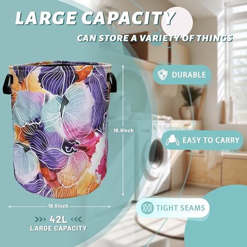 Abstract Watercolor Floral Laundry Basket Foldable With Handles Tote Bag Oxford Cloth Flowers Laundry Hamper Clothes Storage Bucket Toy Organizer 18.9" x 16.5" For Bathroom/Laundry/Bedroom - color: Abstract Watercolor Floral Print