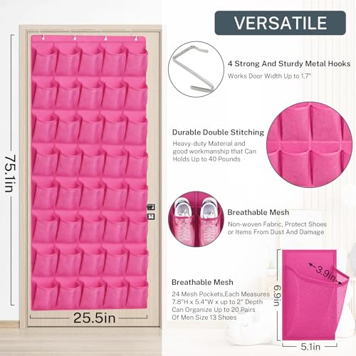 40-Pocket Over the Door Shoe Organizer - Large Mesh Pocket Hanging Shoe Organizer,Behind the Door Shoes Storage Holder Hanger - color: Hot Pink