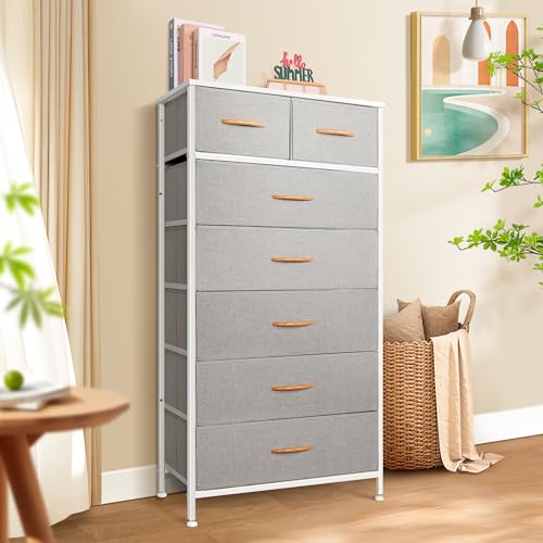 Mifuro Tall Dresser for Bedroom, Vertical Storage Organizer Tower with 7 Drawers, Chest of Drawers with Fabric Bins, Steel Frame, Wood Top for Bedroom, Closet, Entryway- Light Grey - color: Light Grey, size: 7 Drawers