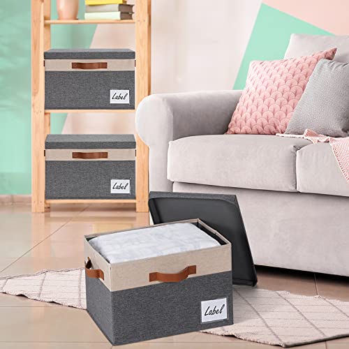 GhvyenntteS Fabric Storage Bins with Lids 3 Pack, Large Fabric Storage Baskets with Lid and Handles, Foldable Closet Organizers and Storage boxes with Label Window for Home (Beige, 15" x 11" x 9.7") - color: Grey with Beige, size: Large-3 Pack