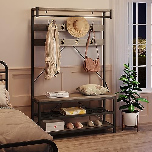 IDEALHOUSE Coat Rack Shoe Bench Industrial Hall Tree Storage Bench for Entryway Wood Look Accent Large Shoe Rack with Storage Shelf Hanging Bar,8 Hooks Grey 39.9"x15.7"x72" - color: Grey