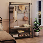 IDEALHOUSE Coat Rack Shoe Bench Industrial Hall Tree Storage Bench for Entryway Wood Look Accent Large Shoe Rack with Storage Shelf Hanging Bar,8 Hooks Grey 39.9"x15.7"x72" - color: Grey
