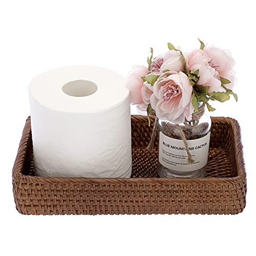Sumnacon 10 Inch Rattan Bathroom Vanity Tray - Decorative Wicker Toilet Tank Tray for Paper Hand Towel, Vintage Storage Basket Bin for Bathroom Kitchen Toilet Tank Vanity Countertop Table Shelf, Brown - color: Brown, size: 10" x 6.1" x 1.8"