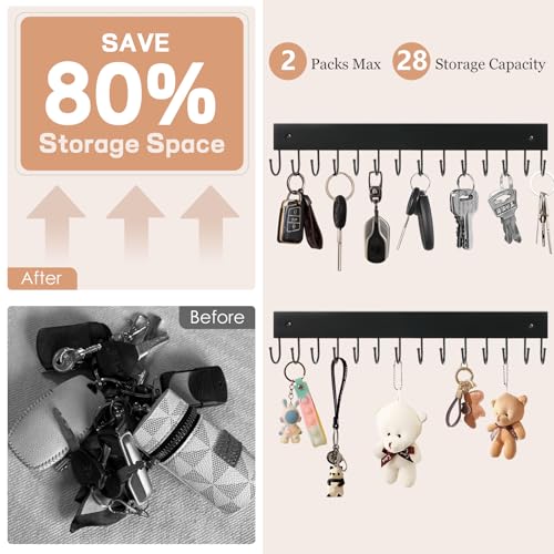 2Pack Key Holder Wall Mount with 28 Rotating 180° Key Hooks, 14.6" Rustproof Organizer Hanger for Apartment Decor, Wall Storage Rack for Entryway, Living Room, Hallway, Bathroom, Kitchen(Black) - color: Black