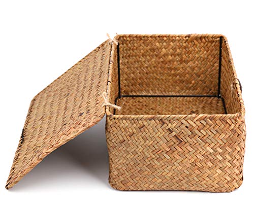 Yesland Handwoven Seagrass Rattan Storage Basket - 11.5'' x 7.5'' x 5'' - Brown Rectangular Makeup Organizer Container with Lid, Perfect for Decoration, Picnic, Groceries and Toy Storage (Pack of 2) - size: 11.5'' x 7.5'' x 5'' (Pack of 2)