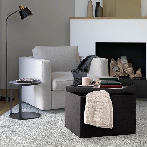 Seville Classics Cushioned Fabric Ottoman Hidden Storage Chest Footrest Chair, Padded Seat for Bedroom, Dorm, Loft, Living Room, Entryway, Hallway, Modern Gray, 25" XL Square with Tray - color: Modern Gray, size: 25"D x 25"W x 18"H