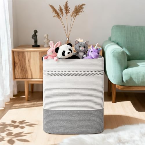 Laundry Hamper, 95L Tall Laundry Basket with Leather Handles, Rectangle Large Clothes Hamper for Organizing, Cotton Woven Laundry Baskets Storage Hampers for Bedroom, Nursery, Living Room - color: Grey, size: 95L
