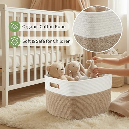 JMvicyroam Woven Blanket Basket,96L Large Storage Bin for Blankets Toys Clothes,Decorative Rope Basket for Living Room Bedroom with Handles, White&Oatmeal - color: White&Oatmeal, size: 96L