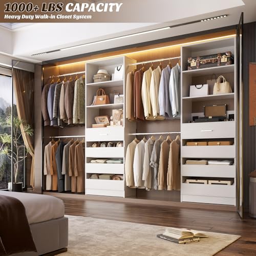 Aheaplus 4-9Ft Closet System, Closet Organizer with 4 Wooden Drawers, Wood Closet Organizer System with Tower, Walk-in Closet Organizer Wardrobe and Storage with 4 Hanging Rods, 11White - color: White-1Set