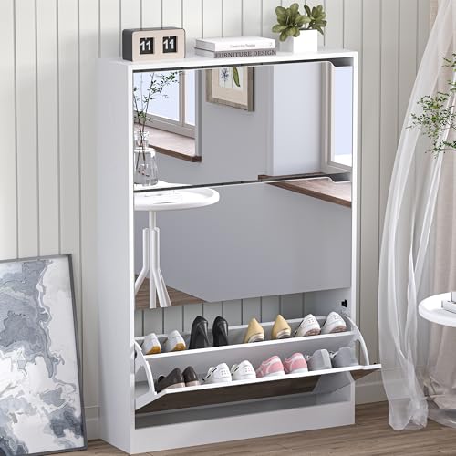 BORNOON Shoe Cabinet with 3-Flip Mirror Drawers, Freestanding Shoe Rack Organizer with Hidden Handle, Slim Narrow Shoe Storage Cabinet for Entryway, Entrance, Hallway, Bedroom - color: White, size: 3-Drawer with Mirror
