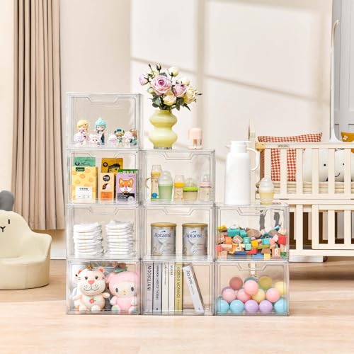 Freebat Stackable Storage Bins, Clear Acrylic Display Case, 9-Pack Acrylic Boxes with Lids, Clear Storage Containers Storage for Handbags, Collectibles & Figures - size: 9pack