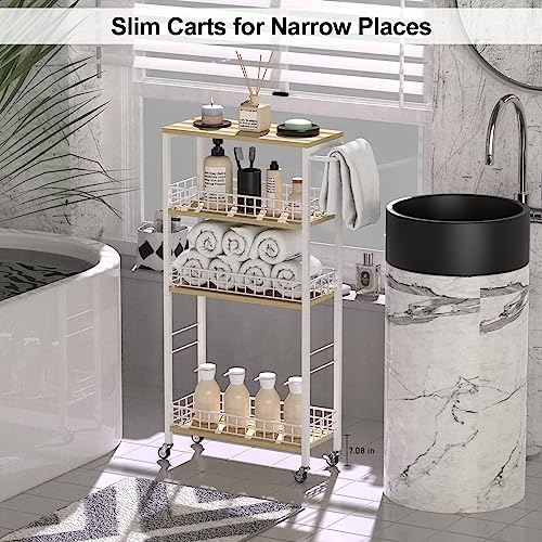 Slim Storage Cart White Narrow Storage Cabinet 4 Tier Laundry Room Organization Mobile Bathroom Shelving Unit Organizer Rolling Utility Cart Slide Out Kitchen Cart Tower Rack for Narrow Places 7.08’’W - color: White