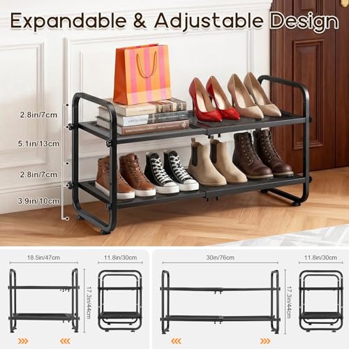 Expandable Shoe Rack for Closet - Shoe Organizer for Entryway, Adjustable Metal Shoe Storage, Stackable Long Shoe Stand Holder for Garage, Hallway, Door Entrance (Black, 2 Tier) - color: Black, size: 2 Tier