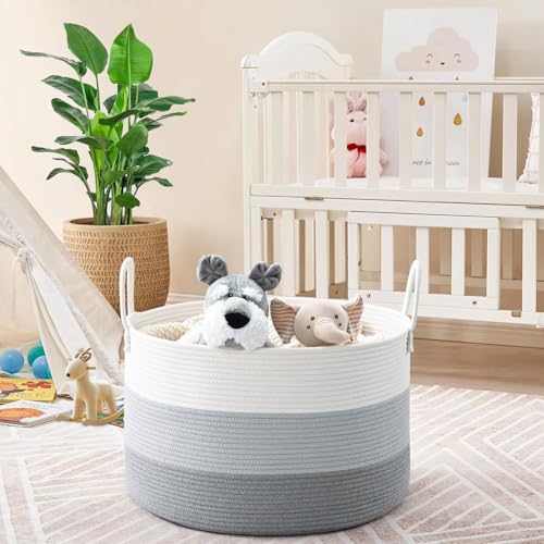 Extra Large Toy Basket, 20"x13" Kids Toy Storage for Playroom Classroom Nursery, Woven Rope Blanket Basket with Handles, Stuffed Animal Organizer & Dog Toys Basket, Gray - color: Gray - Wide