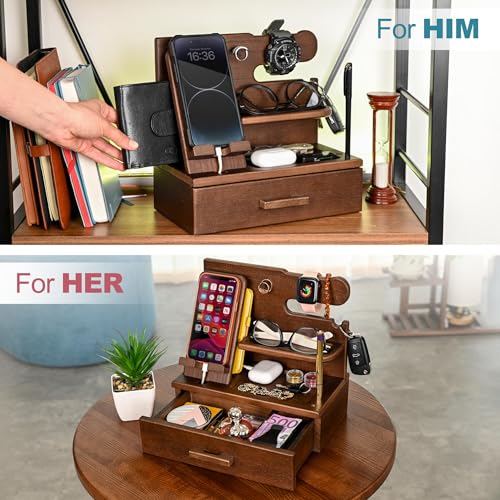 TESLYAR Wood Phone Docking Station with Drawer - Nightstand Organizer - Desk Organizer for Husband - Birthday Gifts for Men, Dad, Anniversary Idea, Key Holder Stand Watch & Accessories (Antique Brown) - color: Antique Brown