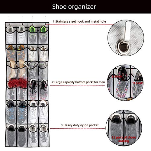 SAVERHO Over the Door Shoe Organizer, Hanging Shoe Organizer with 24 Mesh Large Pockets Door Shoe Rack Organizer for Men Women Kids Hanging Shoe Storage Bag.(White - color: White-1pack of 24 pocket