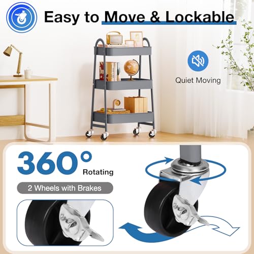 OLIXIS Metal 3 Tiers Utility Rolling Cart, Mobile Storage Shelf with Lockable Caster Wheels, Organization for Livingroom, Bathroom & Narrow Places, Gray - color: 3-tiered Gray, size: 3-Tiered 17 inches