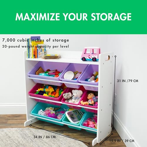 Humble Crew Toy Storage Organizer with 9 Removable Storage Bins for Kids Playroom, 3-Tier with Top Shelf Toddler Toy Organization, White/Pink/Purple/Aqua - color: White/Pink/Purple/Aqua