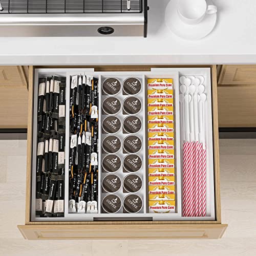 Utensil Organizer for Kitchen Drawers - Bamboo Silverware Tray Expandable 5 Slots Drawer Organizer for Office and Pantry Supplies W13.7-19.9" x L17.6 X H2.5 (White) - color: White