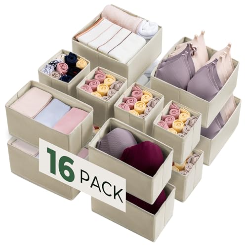 Kootek 16 Pack Drawer Organizer Clothes, Dresser Drawer Organizers for Clothing Fabric Foldable Closet Organizers and Storage Bins for Baby Clothes, Nursery, Underwear, Bras, Socks - color: Beige