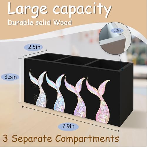 Mermaid Gifts for Girls Women, Pastel Mermaid Beach Pen Pencil Holder Organizer for Desk, Coastal Ocean Wooden Box Block Sign for Home Classroom Dorm Office Tabletop Decor（Black） - color: Black