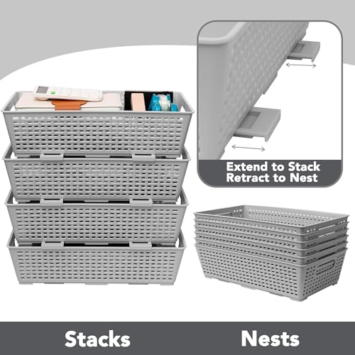 Tiawudi Stackable Woven Plastic Basket, Storage Bins for Cabinet, Closet, Shelf, Under Sink and Countertop, Pantry Organizer Bins, 6 Pack - color: Gray