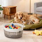 Woof Dog Toy Basket with Handles, Large Dog Toy Storage Bin with Paw Print, Woven Dog Basket for Blankets, Toys, Chews, Pet Toy Box for Nursery, Living Room, Bedroom, 17”x12”x9, Brown - color: Brown