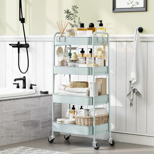 TOOLF 4-Tier Rolling Cart - Metal Storage Organizer with Lockable Wheels, 44 lbs Per Shelf Capacity, Tool-Free Assembly, for Kitchen Bathroom Office Laundry Room Nursery, Green - color: Green, size: 4-Tier