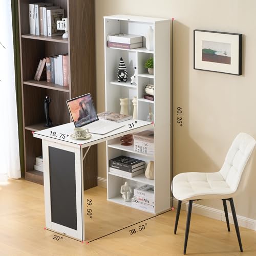 Folding Desk with Storage,Foldable Convertible Writing table with Blackboard and Shelves,Wall Mount Fold Out Table Cabinet , Space-Saving Murphy Desk Multi-Function Home Office Workstation (White) - color: White