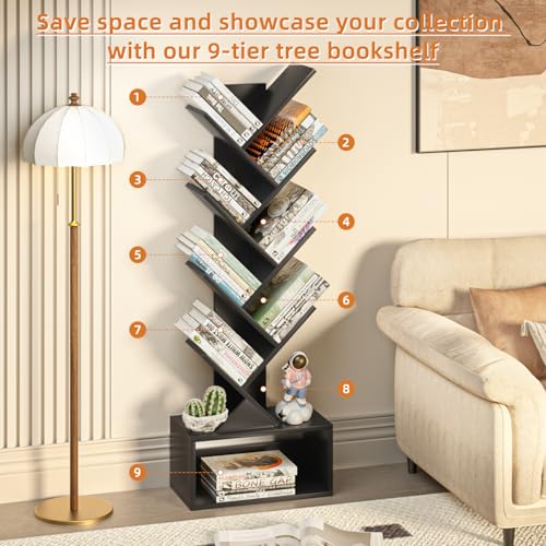 SHEEPAM 9 Tier Tree Bookshelf,Christmas Green Bookcase for Narrow Space, Storage Organizer Floor Standing Bookshelves for Books, Tall Book Case for Home Office, Living Room, Bedroom - color: Classic Black, size: 9 Tier