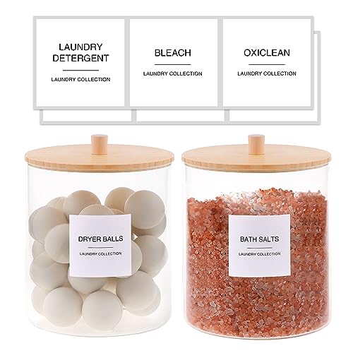 Glass Jars and Acrylic Dryer Sheet Holder, Laundry Pods Container with Bamboo Lid and 27 Labels, Powder Detergent Containers for Laundry Room Organization, Storage Jars Set (3 Pack) - color: White