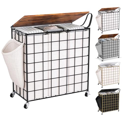 Laundry Basket with Wheels, Heavy Duty Laundry Sorter 3 Sections, 140L (37Gal.) Large Capacity Laundry Hamper with Wood Lid, 360 Rolling Wheels, Extra Side Pocket, Leather Pull Handle (Beige) - color: Beige, size: 140L