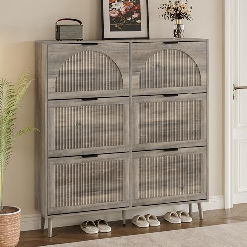 BORNOON Shoe Cabinet for Entryway with 6 Flip Drawers, Slim Wooden Shoe Storage Organizer with Modern Fluted Pannel，Freestanding Narrow Hidden Shoe Rack for Hallway, Foyer, Living Room - color: Grey, size: 6 Flip Drawers