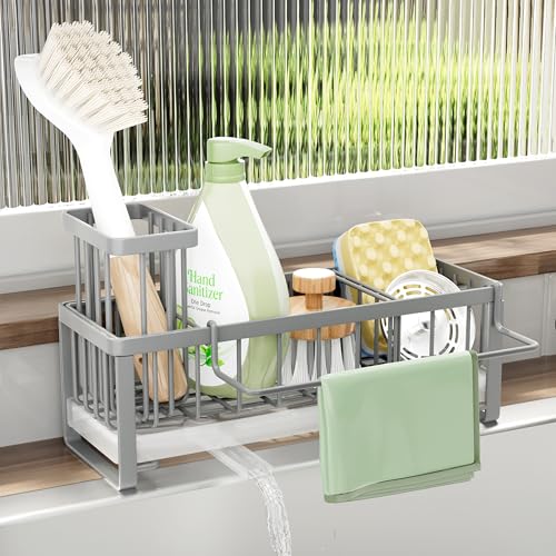 SWTYMIKI Sponge Holder for Kitchen Sink - Sink Caddy with Brush Holder Self-draining Sponge Caddy Organizer with Divider Stainless Steel Kitchen Accessories Storage for Countertop, Gray - color: Gray