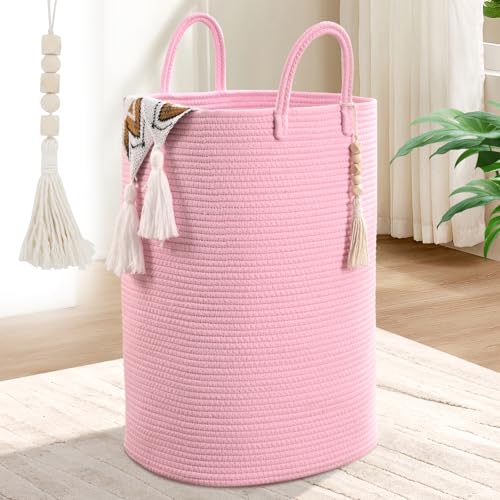 Woven Laundry Basket for Clothes, 65L Large Rectangle Laundry Hampers, Nursery Storage Basket for Toys, Tall Dirty Clothes Hamper for Bedroom Aesthetic, Bathroom, Laundry Room - color: Pink, size: 65L