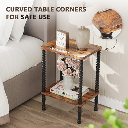 Side Table, 2-Tier Wood End Table, Vintage Bedside Nightstand with Open Storage Shelf for Living Room, Bedroom, Office, Rustic Brown - color: Rustic Brown, size: 2-Tier