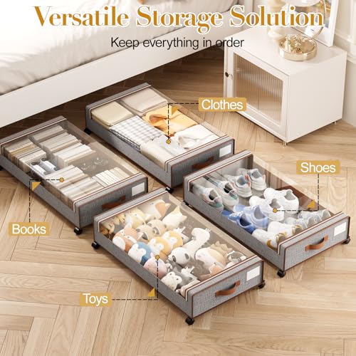 Yecaye Under Bed Storage with Wheels, 4 Pack Under the Bed Storage Containers with Lids & Label, XXL 60L Rolling Underbed Storage Drawers for Clothes, Blankets, Shoes - color: Greige, size: 4 Pack