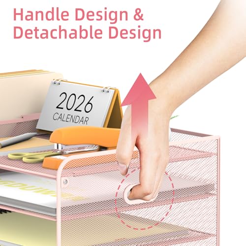 SUPEASY Mesh Desk Organizer with File Holder, 5-Tier Paper Letter Tray Organizer with Magazine Holder, Desktop Organizer and Storage with Drawer for Office Supplies Home or School (Pink) - color: Pink