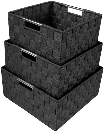 Sorbus Storage Box Woven Basket Bin Container Tote Cube Organizer Set Stackable Storage Basket Woven Strap Shelf Organizer Built-In Carry Handles (Black) - color: Black