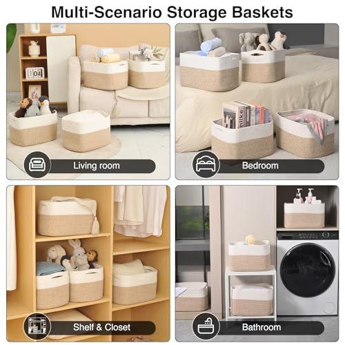 ICERZCZ Storage Baskets for Organizing & Shelves, Woven Cotton Rope Organization Bins for Dog Toys, Clothes, Books, Nursery Organizer, 15" Lx11''Wx9.5''H, (4 Packs) Off White & Brown - color: Off White & Brown, size: 15"(L)×11"(W)×9.5"(H)