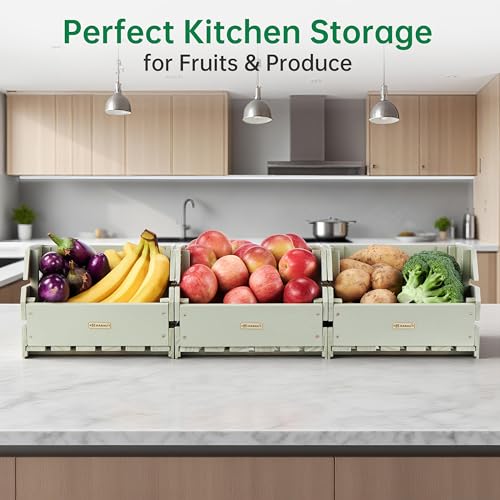 Wood Potato Onion Storage Bins - Wooden Stackable Produce Basket - Fruit Vegetable Storage for Kitchen Pantry Organization, Set 3 Pieces - color: Pebble Gray