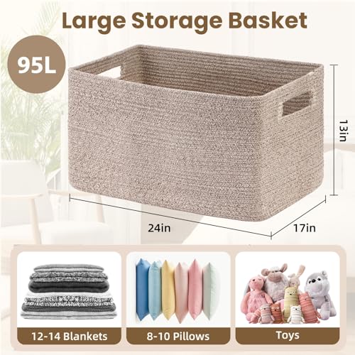 Optish 95L Large Blanket Basket, Woven Storage Baskets with Reinforced Handles, Rope Laundry Basket for Living Room, Bedroom, Nursery, Toys, Clothes,Pillows, 24” x 17” x 13.5”, Brown - color: Brown, size: 24" x 17" x 13.5"(95L)