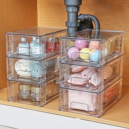 Vtopmart 4 Pack Stackable Storage Drawers,Clear Acrylic Drawer Organizers with Handles, Easily Assemble for Fridge, Bathroom,Kitchen Undersink,Cabinet,Pantry Organization and Storage - size: 4Pack 4.4"H-with Dividers