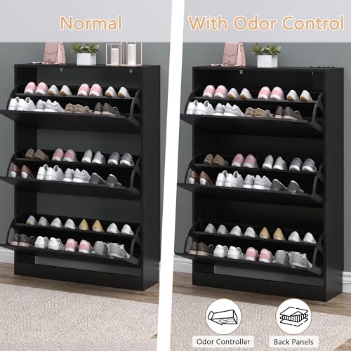 BORNOON Shoe Cabinet with Odor Control and Back Panels, Deodorizing Slim 3-Flip Shoe Storage Cabinet for Entryway, Freestanding Hidden Shoe Rack Organizer for Entrance, Hallway, Bedroom - color: Black, size: Deodorizing 3-Flip